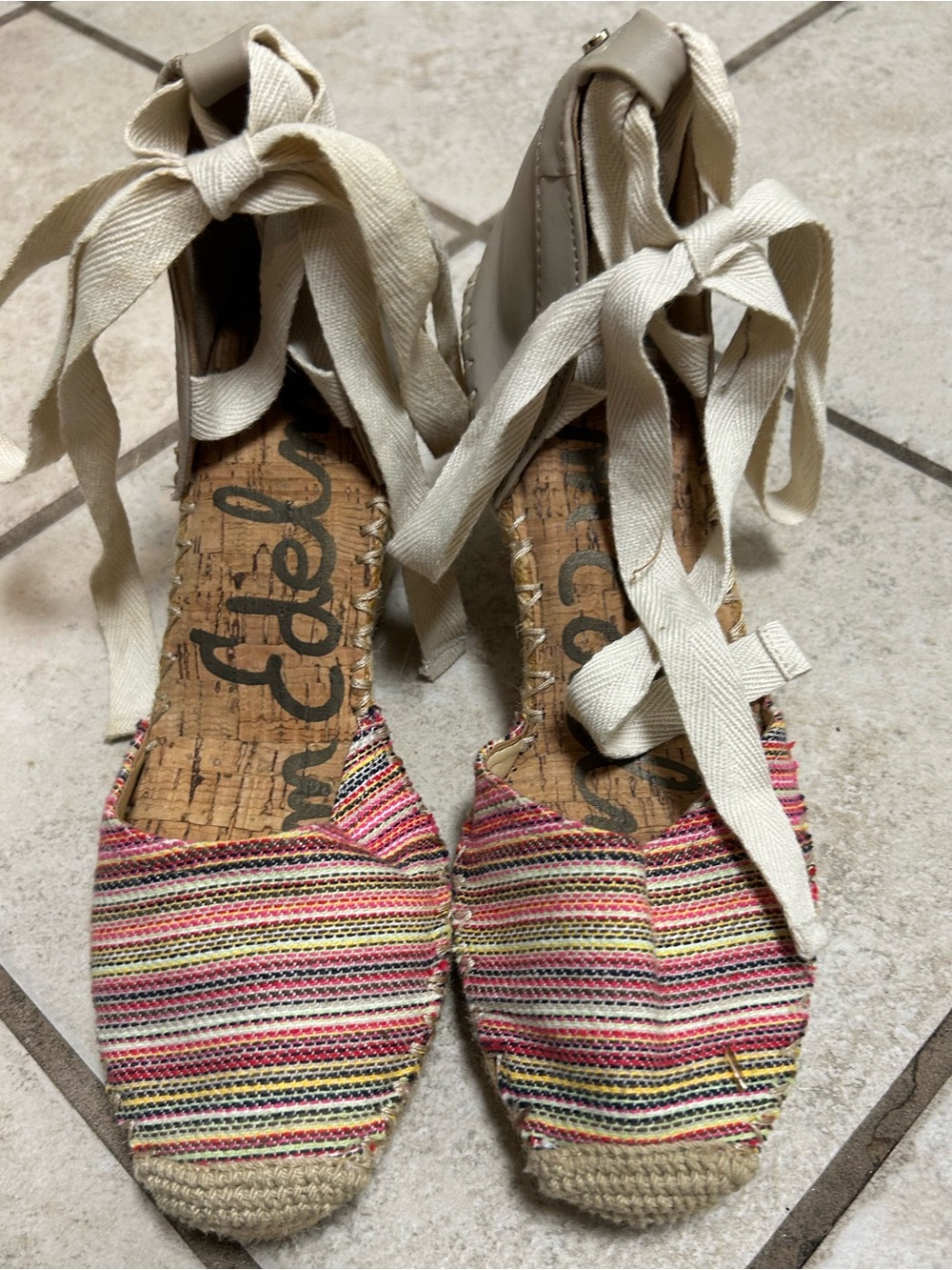 Sam Edelman Multicolor Striped Espadrille Tie-Up Flats with Cream Laces